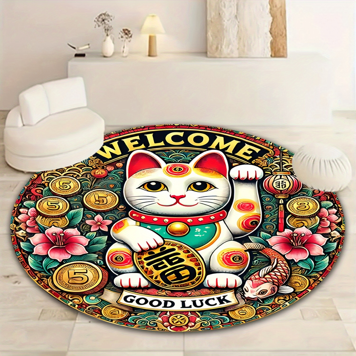 Home Goods Bathroom Rugs - Chinese Lucky Cat Round Rug Welcome